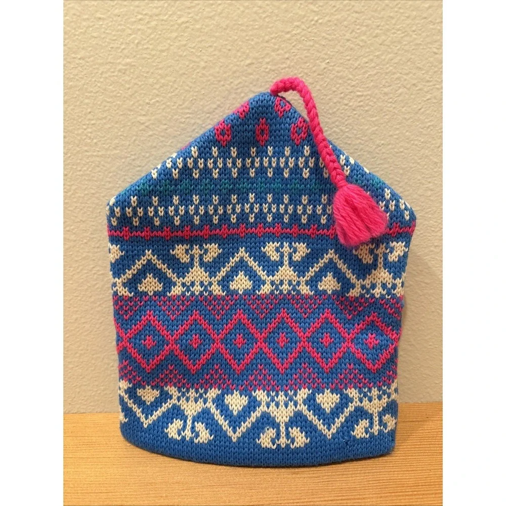 Vintage Smiley Hat Wool Ski Hat Blue With‎ Pink Beanie